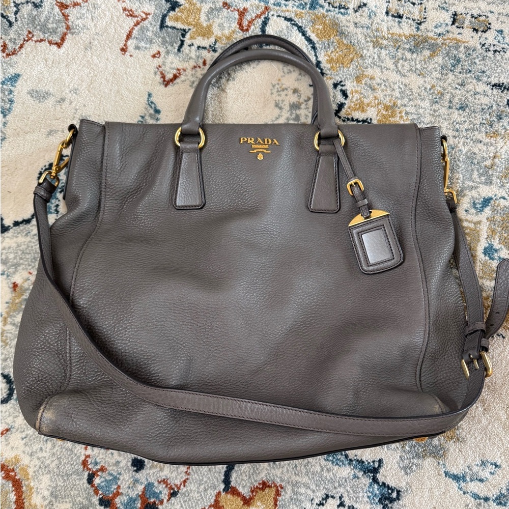 Prada Dark Gray Leather Tote Bag